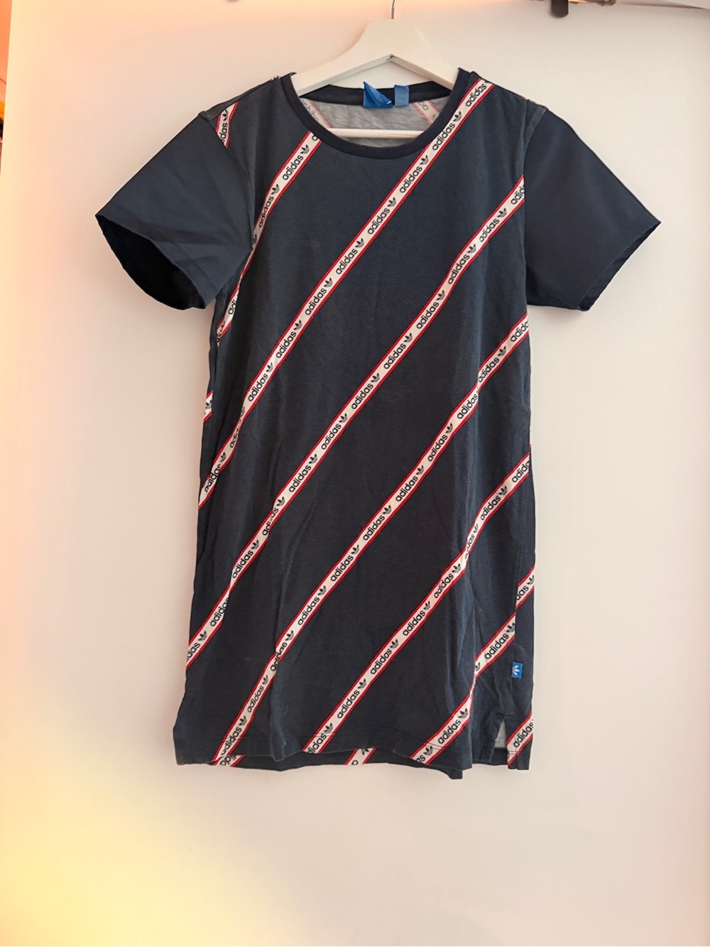 adidas Black T-Shirt Dress with Red & White Diagonal Logo Stripes